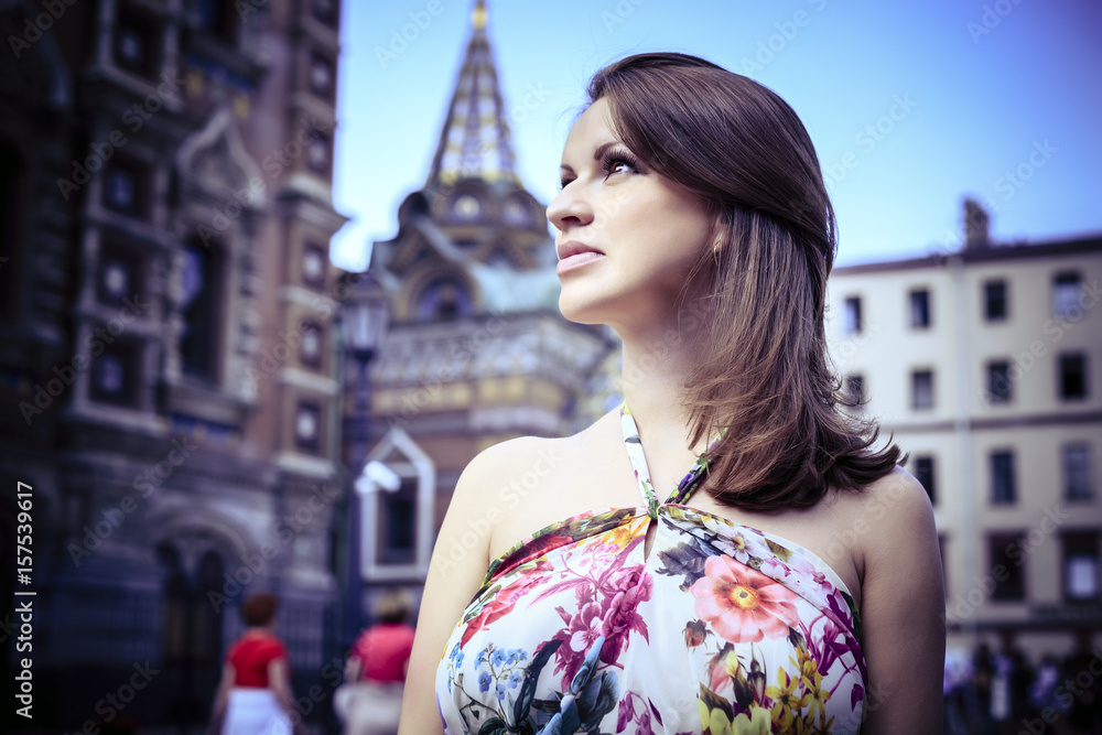 Beautiful Russian woman in a summer sarafan