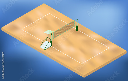 Isometric beach volleyball playground with net, sand, and judges place