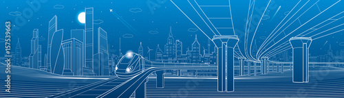 Infrastructure panorama. Road overpass. Transportation bridge. Train rides. Towers and skyscrapers. Urban scene, modern city on background, industrial architecture. White lines, vector design art 