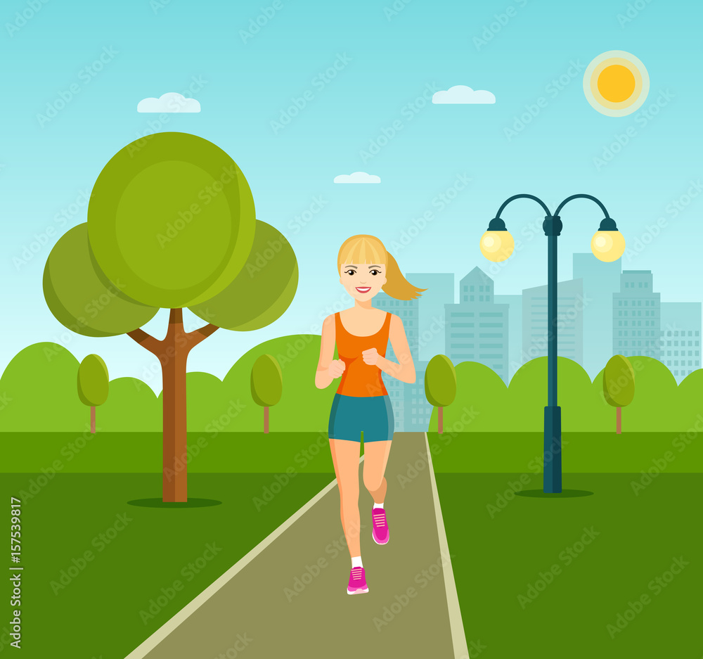 Woman jogging in the park against the backdrop of the city. Vector flat illustration.