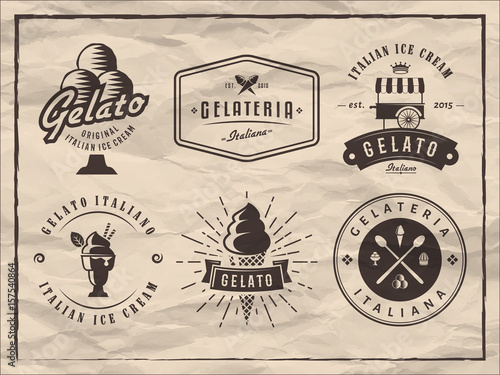 Set of gelato badges on vintage paper background. Vector italian ice cream labels. Retro logos for cafeteria or bar.