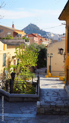 Photo from picturesque Plaka area in center of Athens and Roman Forum archaeological site  Attica  Greece