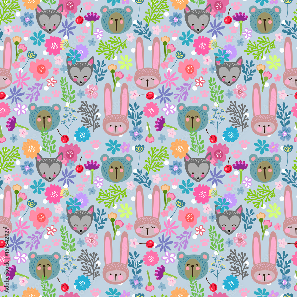 Vector seamless pattern with cute animals. Beautiful children's print with bunny, teddy bear, fox and flower. Cute children's pattern.