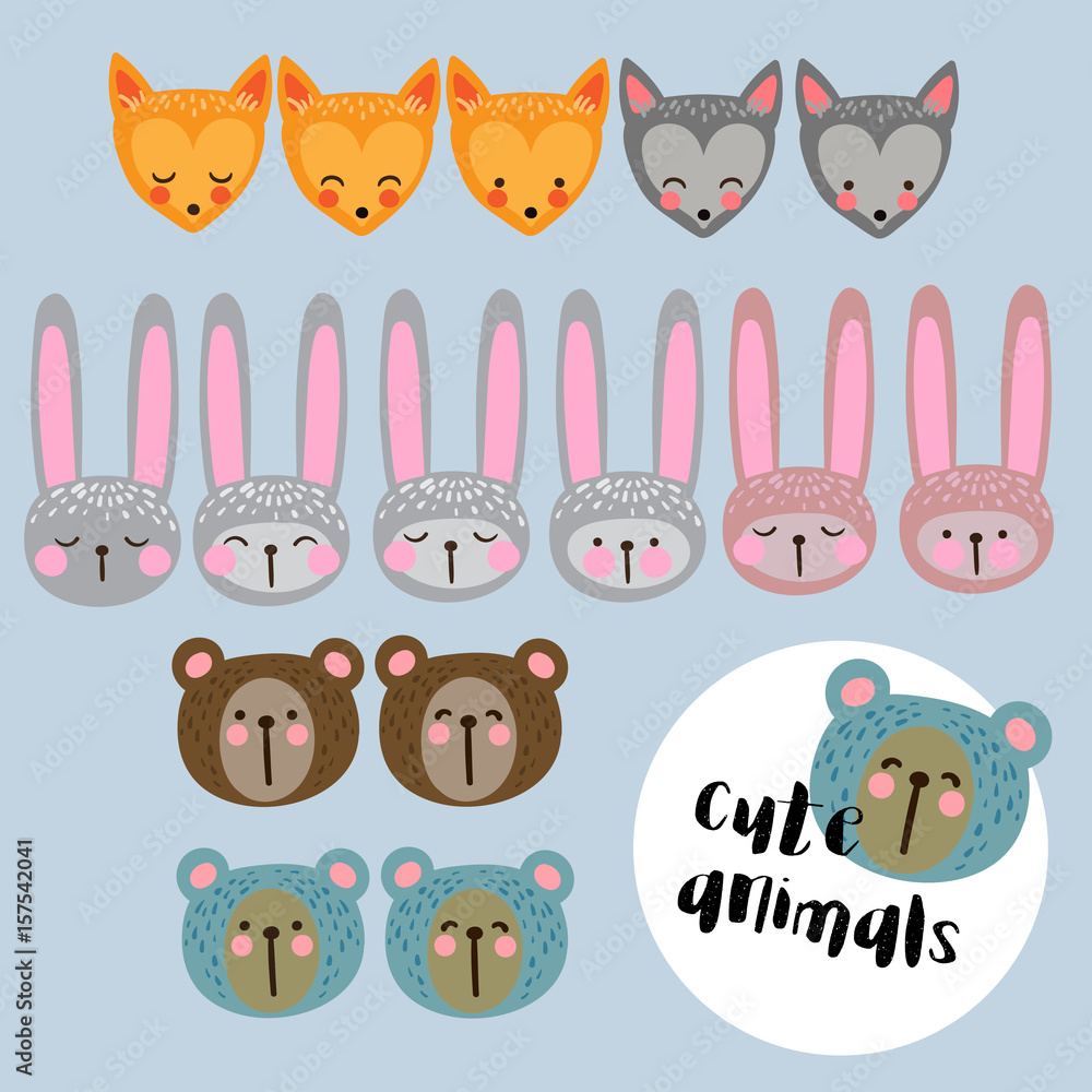 Vector set with cute animals. Beautiful children's icons with bunny, teddy bear, fox, wolf. Vector set with cute animals. Beautiful children's icons with bunny, teddy bear, fox, wolf.