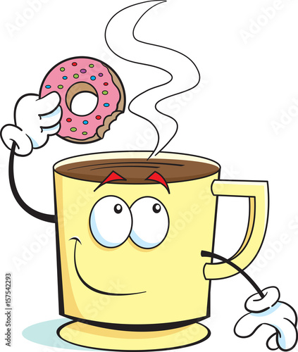 Cartoon illustration of a cup of coffee dunking a doughnut.