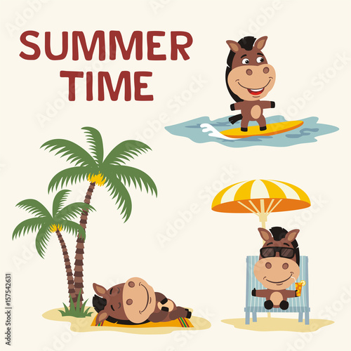 Summer time. Set happy horse resting on beach. Collection cartoon horse surfing, laying under palm tree, resting in sun lounger with cocktail.