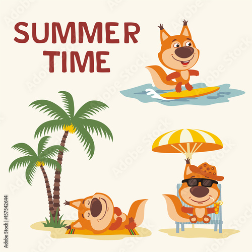 Summer time. Set happy squirrel resting on beach. Collection cartoon squirrel surfing, laying under palm tree, resting in sun lounger with cocktail.