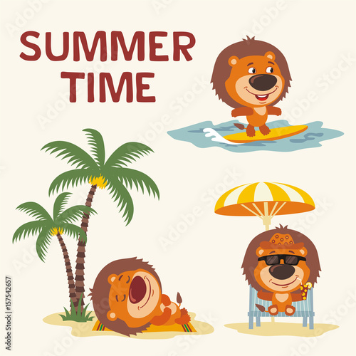 Summer time. Set happy lion resting on beach. Collection cartoon lion surfing, laying under palm tree, resting in sun lounger with cocktail.