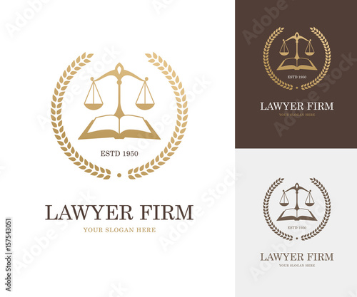 Law label with balance scale, open book and wreath in golden color