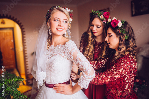 Bride and bridesmaids during the wedding preparations