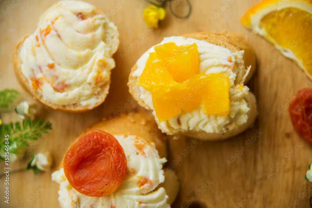 Many kinds of sandwiches, bruschetta, and tea, coffee, fresh juice - for a family breakfast. The top view Many kinds of sandwiches, bruschetta, and tea, coffee, fresh juice - for a family breakfast. The top view