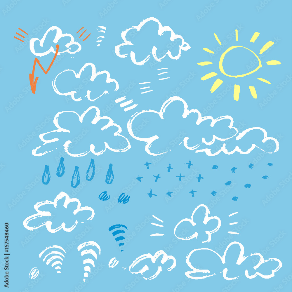 Set of various unique clouds and weather signs on blue background. Hand drawn clouds. Marker stroke sky with sun and rain. Set of various unique clouds and weather signs on blue background. Hand drawn clouds. Marker stroke sky with sun and rain.