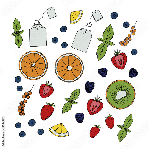 Summer tea ceremony. Hand drawn tea bags with mint, orange slices, kiwi slices, strawberry, currant, blueberries.