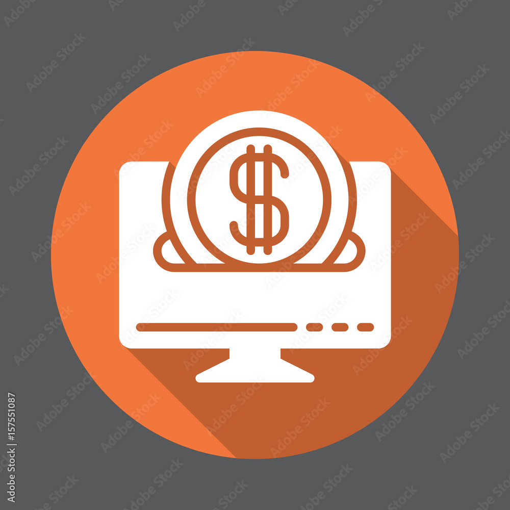 Desktop computer and coin flat icon. Round colorful button, circular vector sign with long shadow effect. Flat style design Desktop computer and coin flat icon. Round colorful button, circular vector sign with long shadow effect. Flat style design