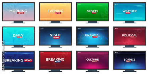 Set of Mass media. Sports, weather, financial, political, culture and science news. Breaking, morning, night, daily and evening news banner. Live. Television studio. TV show.