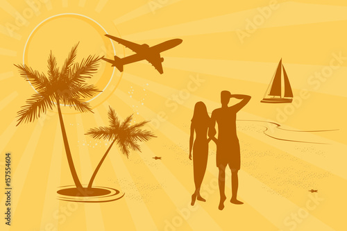 Male and female silhouettes on tropical beach vector illustration. Summer seascape.