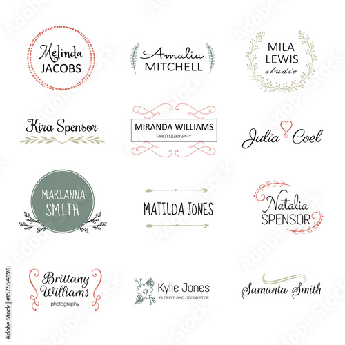 Handdrawn elements for logo design. Premade logo templates. Floral logotypes