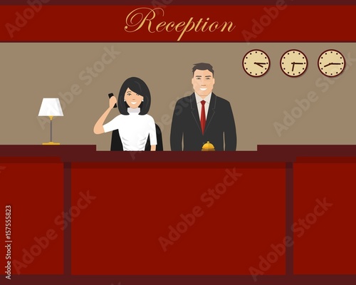 Hotel reception. Young woman and man receptionists are stand at reception desk. Travel, hospitality, hotel booking concept. Vector illustration
