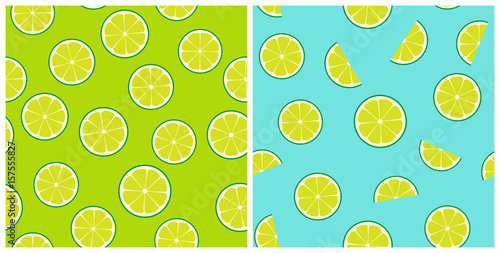 Limeade Seamless Vector Pattern Tiles. Green Lime Round and Half Slices Randomly Arranged on Green and Aqua Blue Background. Lemonade Stand Picnic Party Decor. Food Packaging Design. Swatches Included