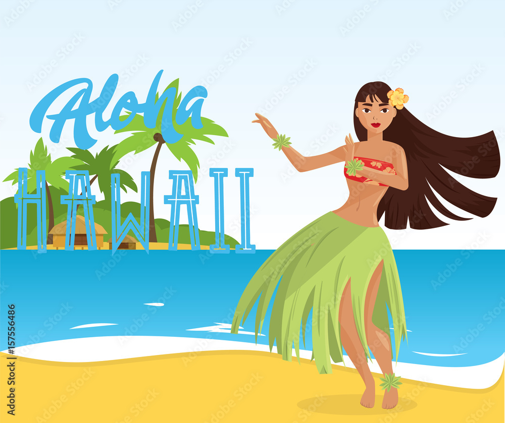 Vettoriale Stock Hawaiian hula dancer young pretty woman. Vector  illustration