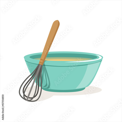 Ceramic bowl full of freshly prepared dough vector and whisk Illustration