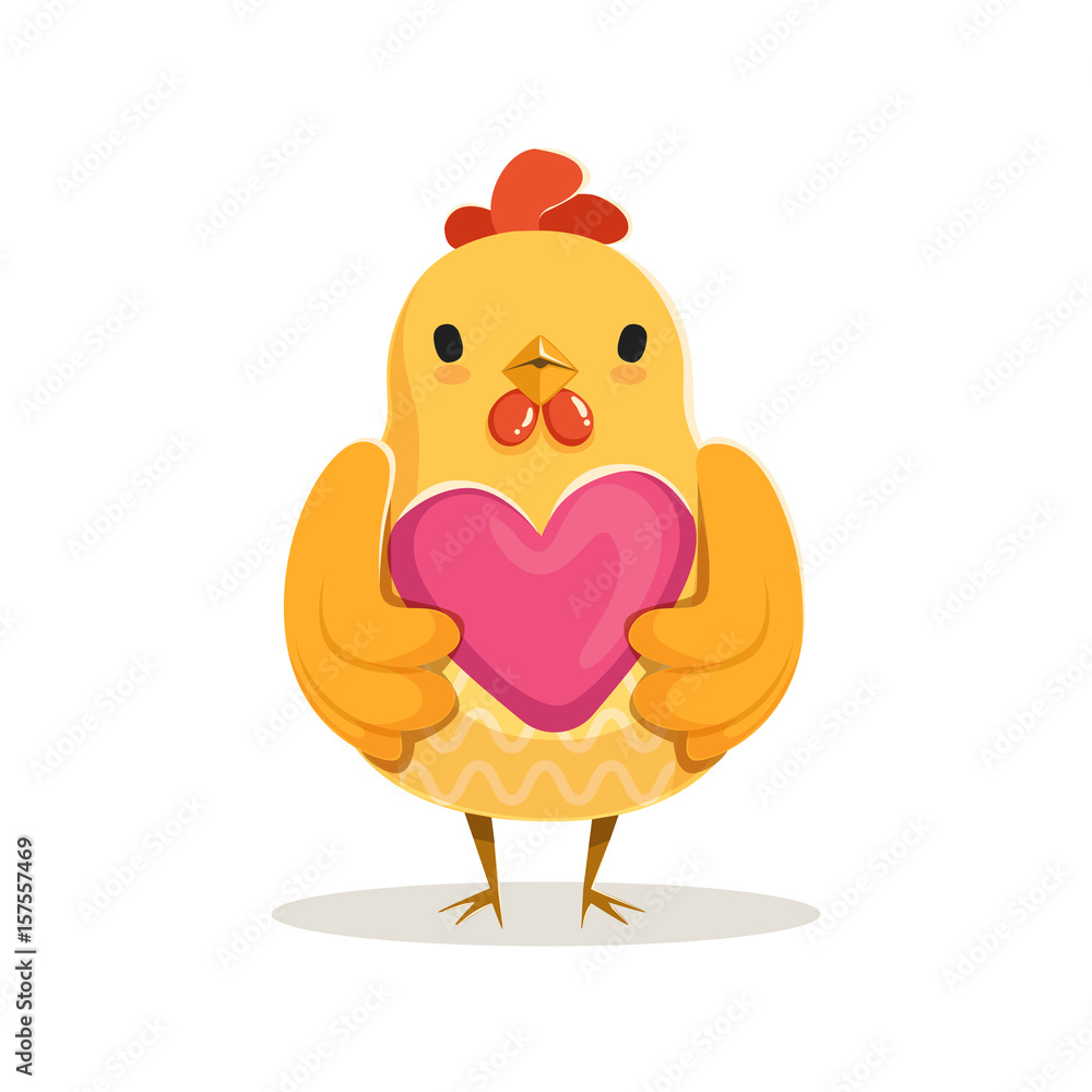 Cute cartoon chicken standing and holding pink heart colorful character vector Illustration Cute cartoon chicken standing and holding pink heart colorful character vector Illustration