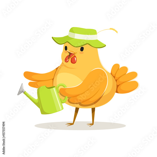 Funny chicken gardener wearing a green hat standing and holding a watering can colorful character vector Illustration