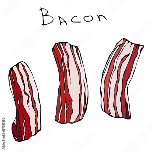 Set of Raw Sliced Bacon. Realistic Vector Illustration Isolated Hand Drawn Doodle or Cartoon Style Sketch. Fresh Meat Cuts.