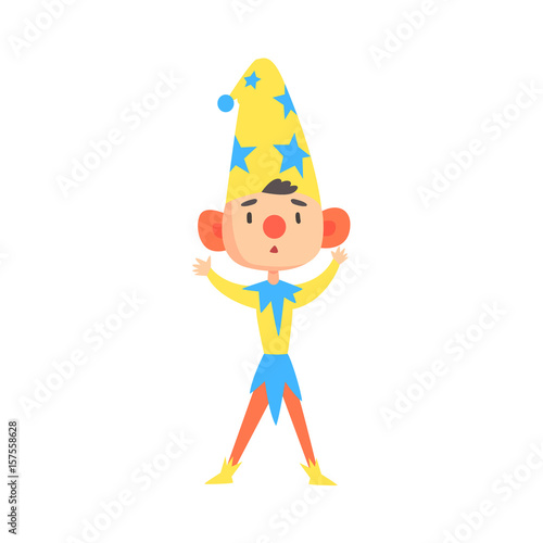 Boy in a clown medieval costume colorful cartoon character vector Illustration