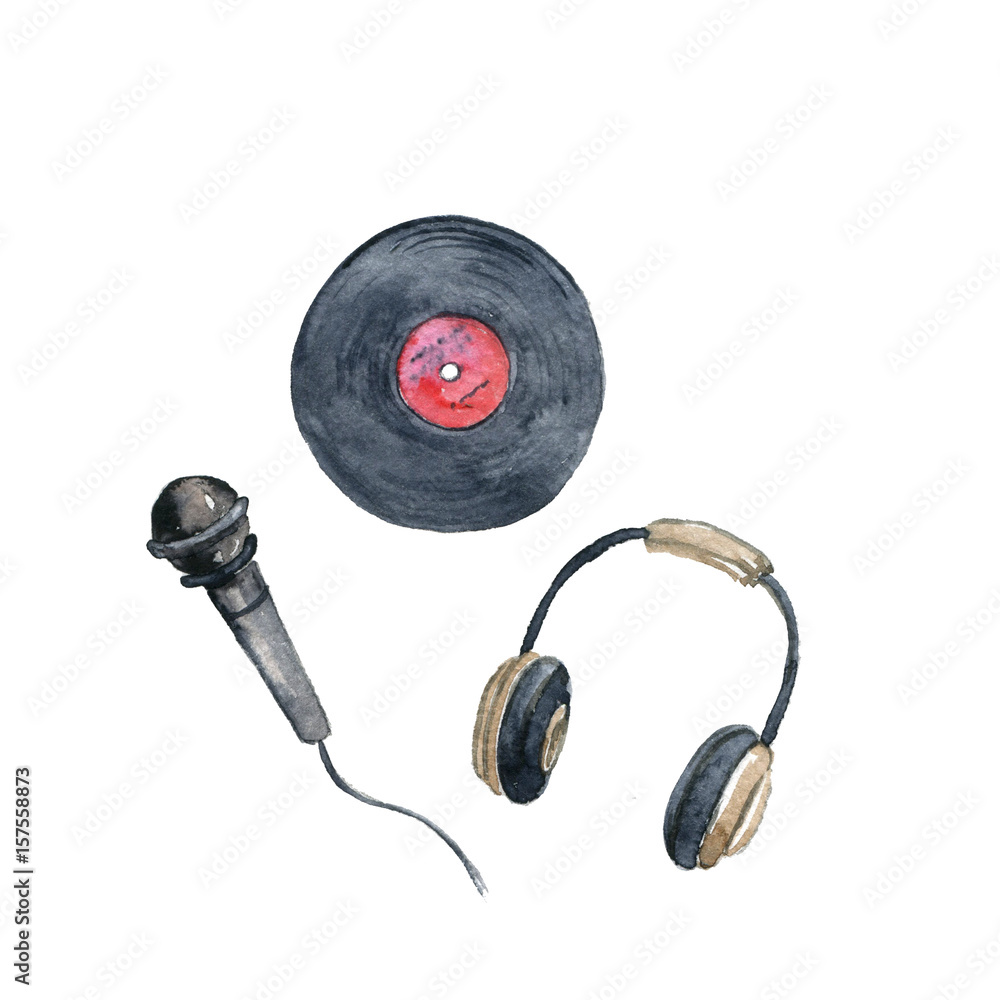 Fototapeta premium watercolor drawing vinyl record, microphone and headphones