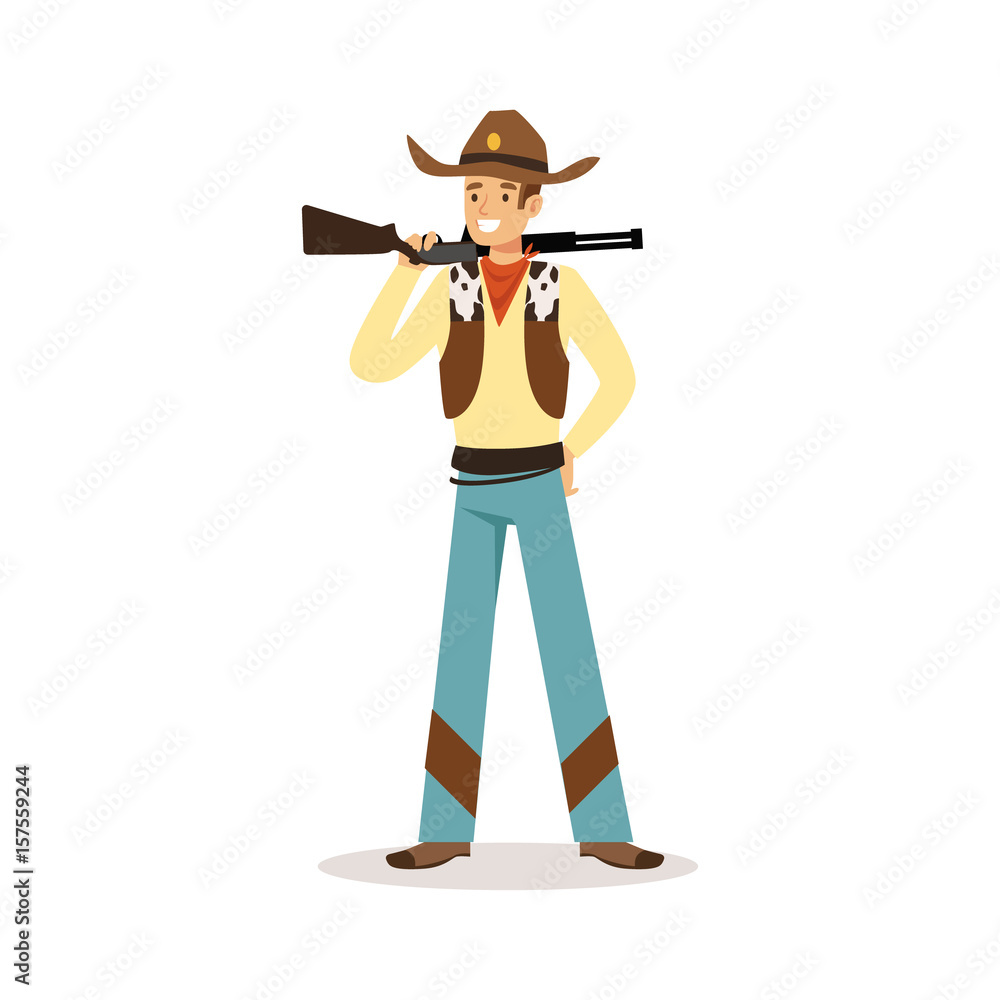 Man in American traditional costume with rifle western cartoon character vector Illustration