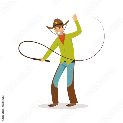Man in American traditional costume with whip western cartoon character vector Illustration