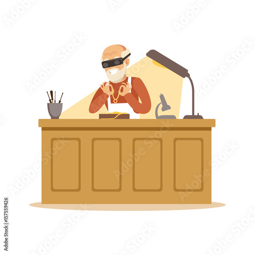 Senior man making jewelry in workshop, craft hobby or profession colorful character vector Illustration