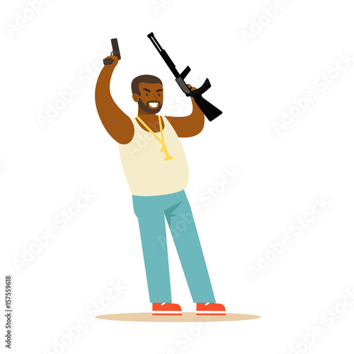 Black man raising his hands with guns to surrender, robbery colorful character vector Illustration