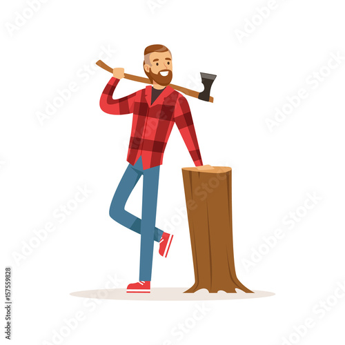 Smiling lumberjack with an axe and downed log colorful character vector Illustration