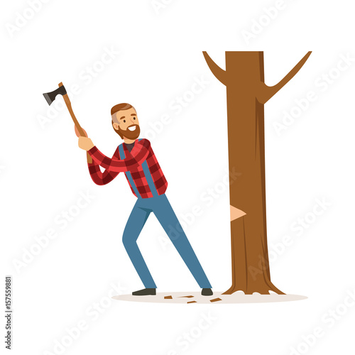 Lumberjack man in a red checkered shirt cutting tree with an axe colorful character vector Illustration