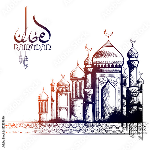 Ramadan Kareem Generous Ramadan greetings in Arabic freehand with mosque