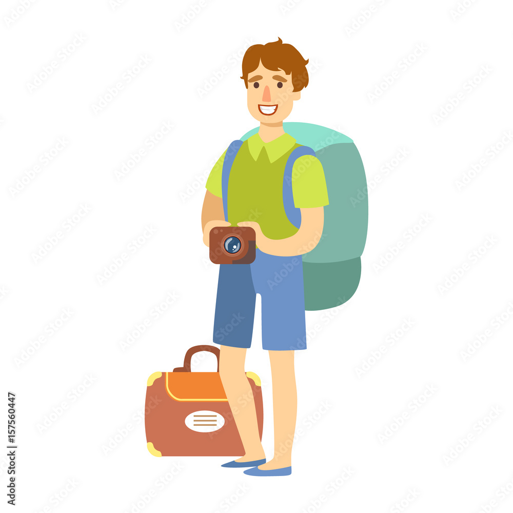 Young tourist man standing with big tourist backpack and holding camera in his hand. Colorful cartoon character Young tourist man standing with big tourist backpack and holding camera in his hand. Colorful cartoon character