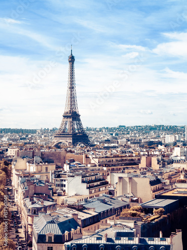 Paris cityscape with Eiffel tower in twilight. view of Eiffel tower from Are de Triomphe