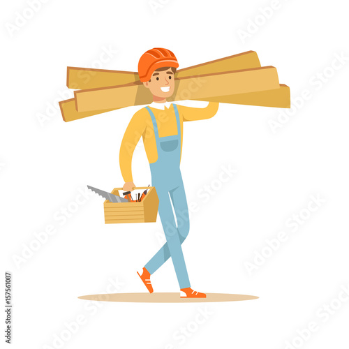 Smiling carpenter carrying box of tools and wooden planks, professional wood jointer character vector Illustration