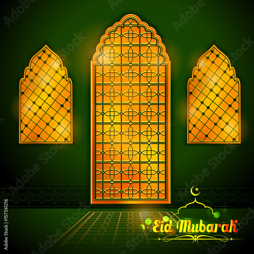 Eid Mubarak Happy Eid greetings with Arabic decorated golden gate background for Islam religious festival on holy month of Ramazan