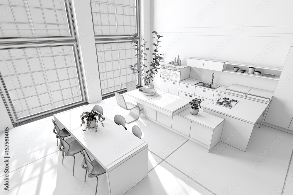Fresh clean white kitchen and dining area Fresh clean white kitchen and dining area
