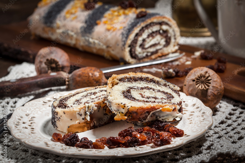 Pieces of poppy seed cake on a plate. Pieces of poppy seed cake on a plate.