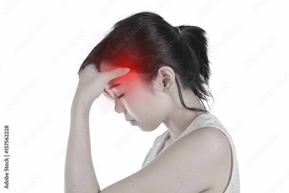 Young woman having headache isolated white background, concept of health care lifestyle. Young woman having headache isolated white background, concept of health care lifestyle.
