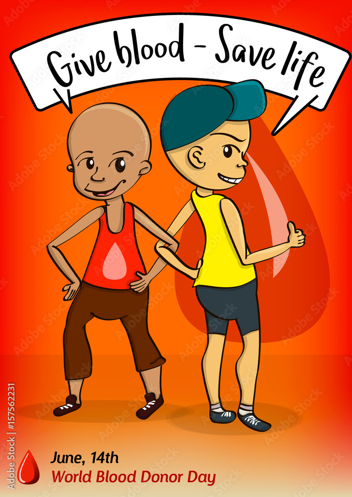 World Blood Donor Day poster with two friends. Speech bubble saying World Blood Donor Day poster with two friends. Speech bubble saying