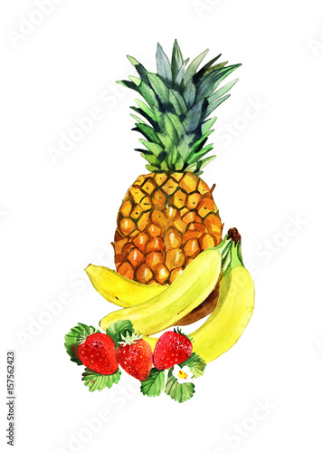 Fototapeta Naklejka Na Ścianę i Meble -  Watercolor banana strawberry and pineapple