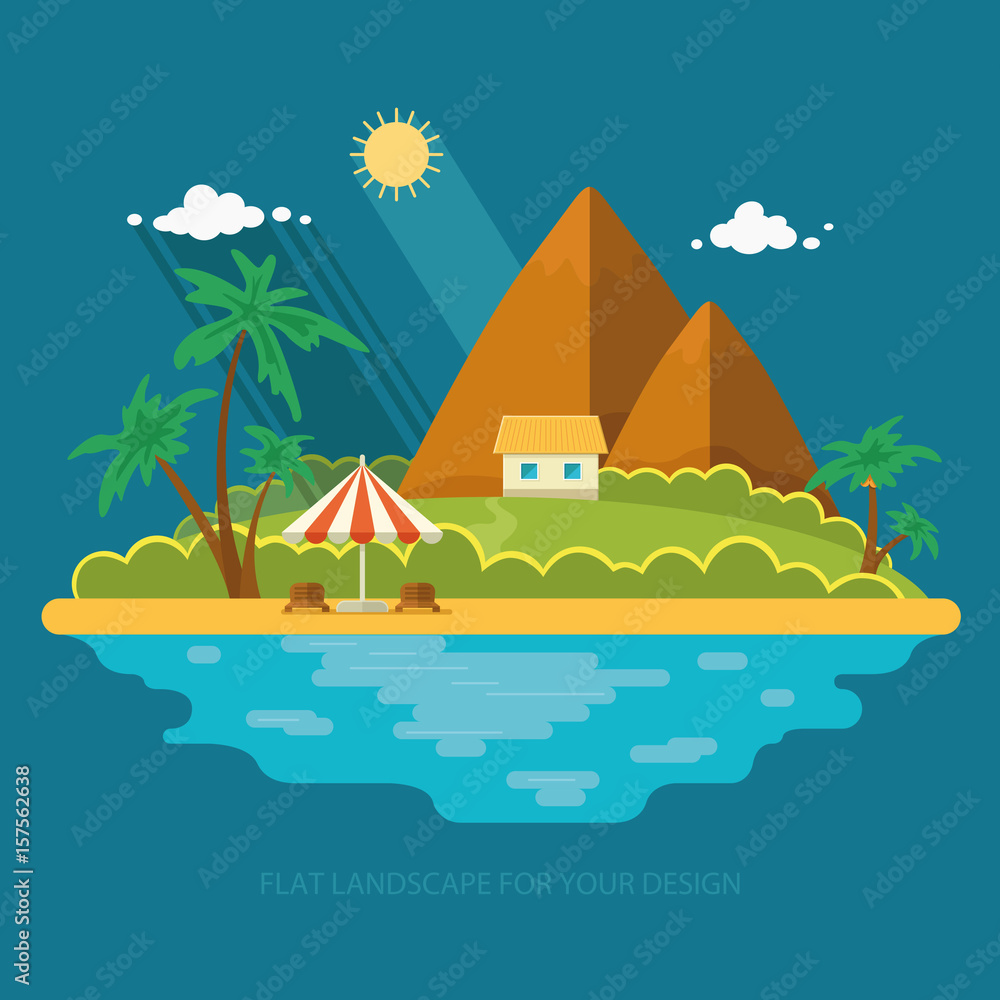 Summer paradise ocean landscape. A beautiful island with huts in the sea. House on the beach. Vacation with a holiday in the tropics. Flat icons vector illustration Summer paradise ocean landscape. A beautiful island with huts in the sea. House on the beach. Vacation with a holiday in the tropics. Flat icons vector illustration