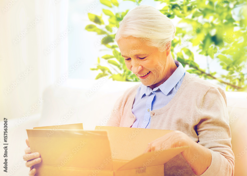 happy senior woman with parcel box at home happy senior woman with parcel box at home