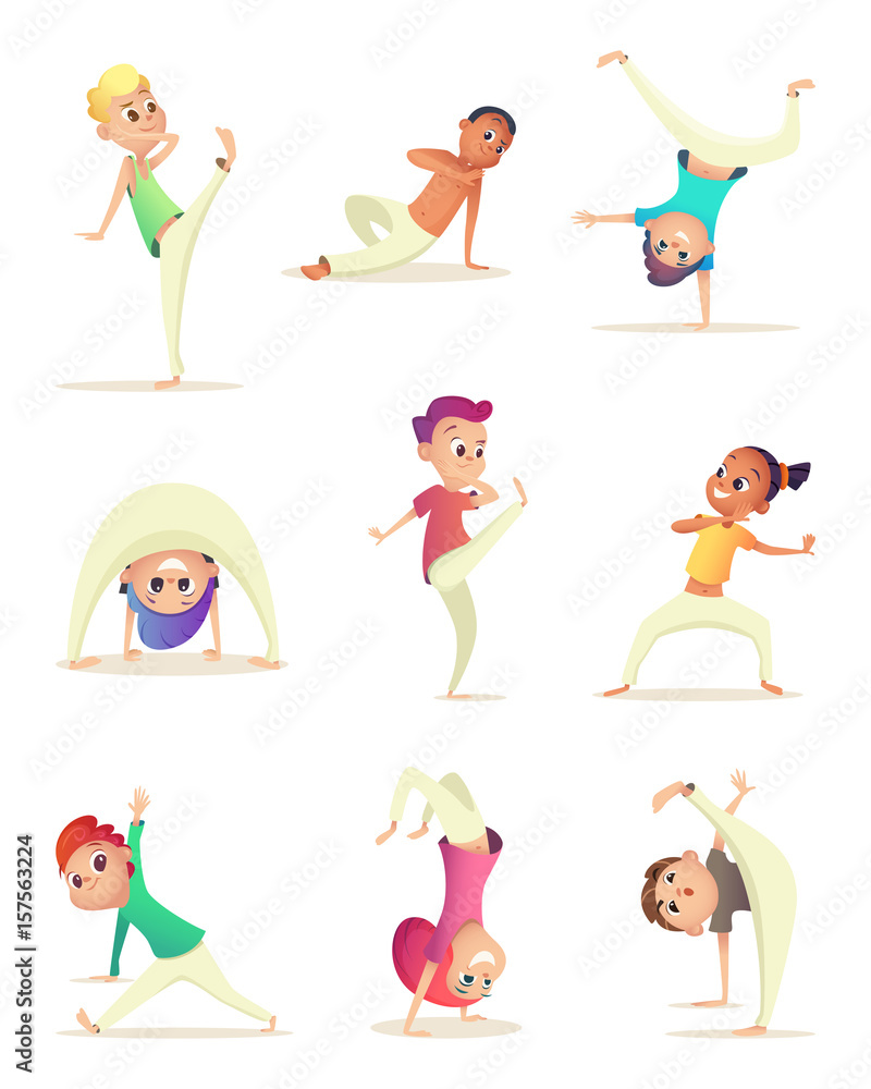 Funny Children practice capoeira movement. Cartoon design character. Vector  illustration. Stock Vector | Adobe Stock