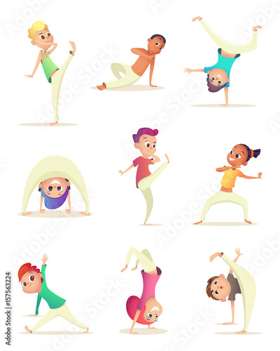 Funny Children practice capoeira movement. Cartoon design character. Vector illustration.